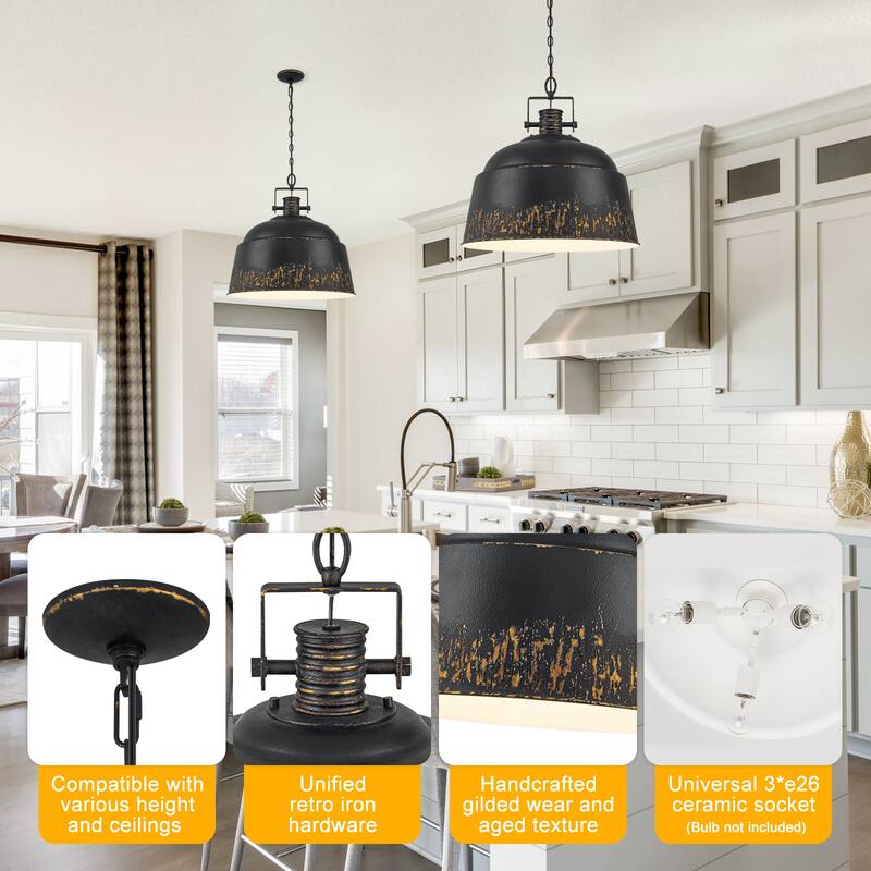 3-Light Industrial Pendant Light with Distressed Metal Dome Shade - 3-Lights