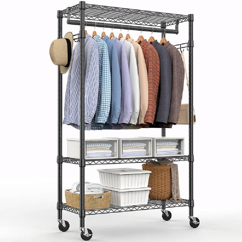 Heavy Duty Rolling Garment Rack with Wheels, 3-Tier Adjustable Wire Shelving, Clothes Rack with Rods & Side Hooks