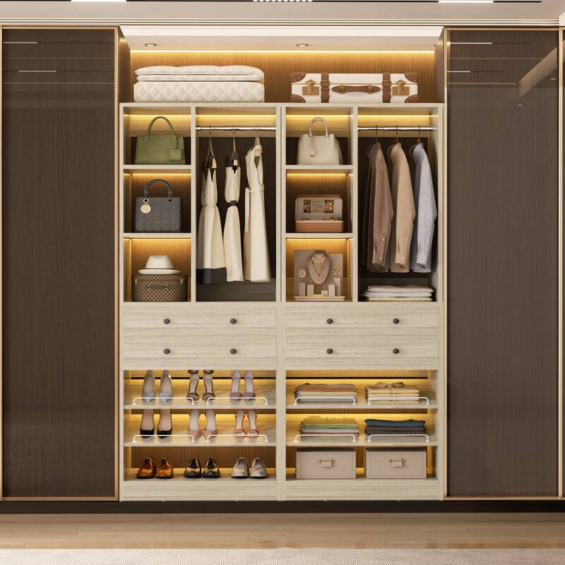 Grimm 28'' Closet Organizer with Shoe Racks and Drawers, Closet System with Hanging Rod and Adjustable Shelves - 2pcs - Washed Oak