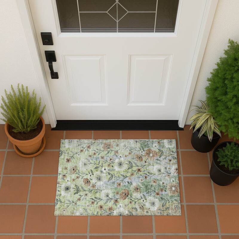 Machine Washable Indoor/ Outdoor Floral Joy Chantille Rug - Aloe - 1'8" x 2'6"