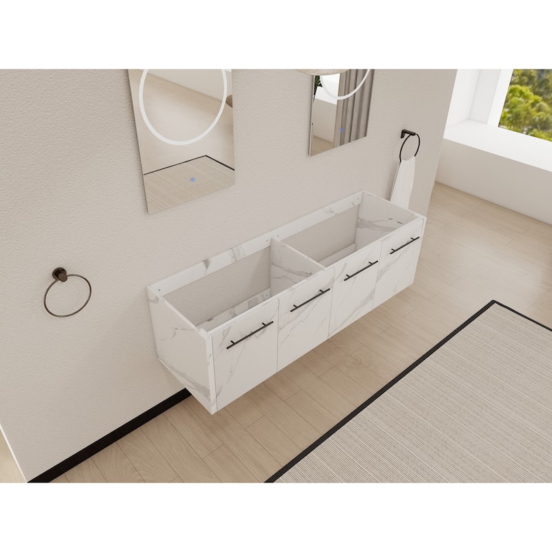 Modern 60 Inch Wall-Mounted Bathroom Vanity Base with Soft-Close Doors, No Sink Included