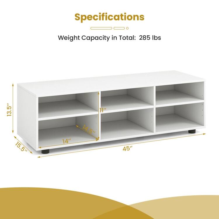 Wood TV Stand for TVs up to 55 Inches with 6 Storage Cubbies-White - 45.5 x 15.5 x 14 inch (L x W x H)