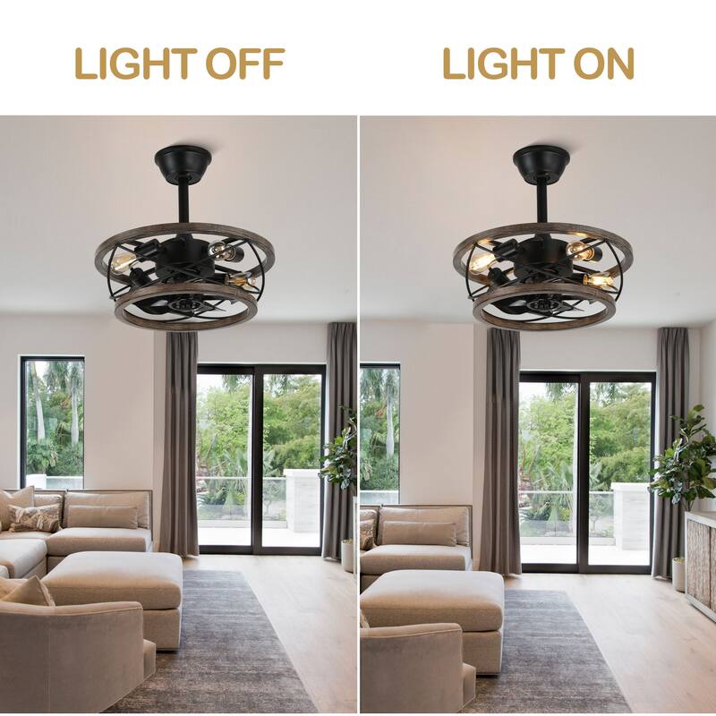 CurveCurio18" Small Farmhouse Ceiling Fan Light 4-Light Solid Wood Shade Quiet Motor w Remote Control Included for Bedroom