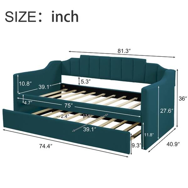 Twin Size Daybed Green Upholstered Sleeper Sofa Bed with Trundle