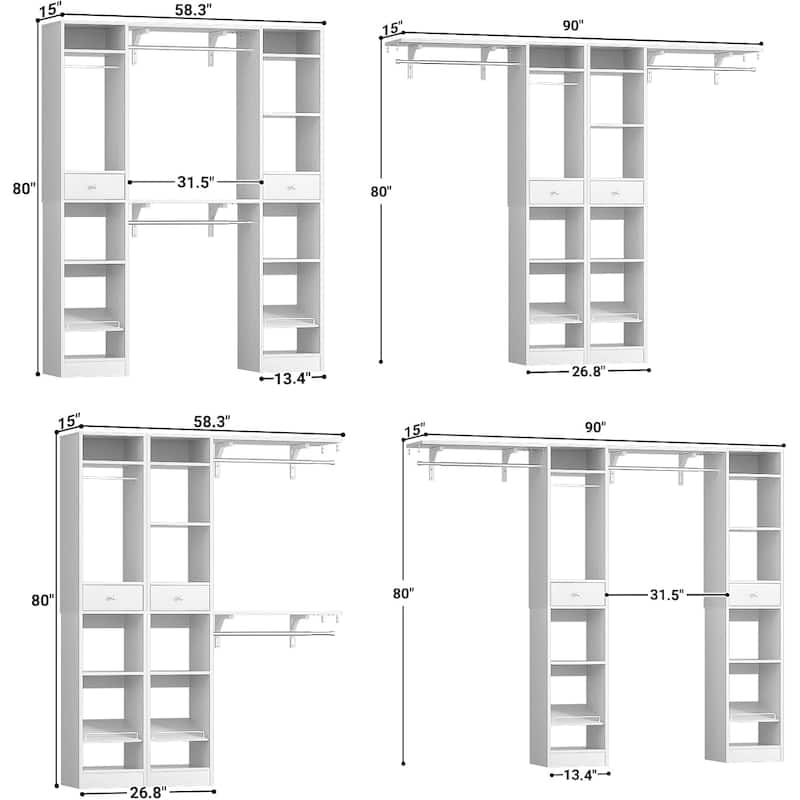 58" W - 90" W Closet System with 3 Hanging Rods and Shelves,Walk in Closet Organizer with 2 Drawers & Shoe Rack,Closet Wardrobe