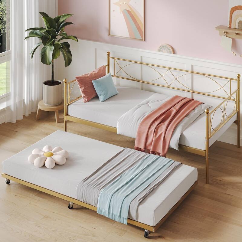 Twin daybed with Trundle,Metal Twin Daybed,Day Bed Sofa Bed Frame with Steel Slat Support,Multifunctional Daybed Frame - Gold Trundle Set - Twin