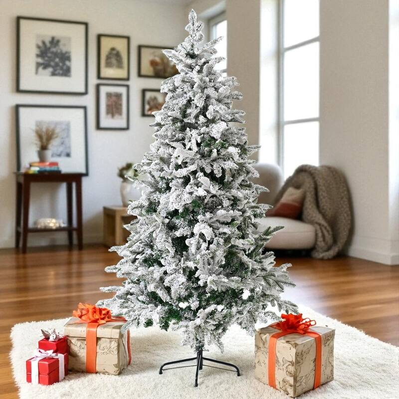 7ft Snow Flocked Unlit Christmas Tree with Mixed PE PVC Tips, Full Branches and Metal Stand