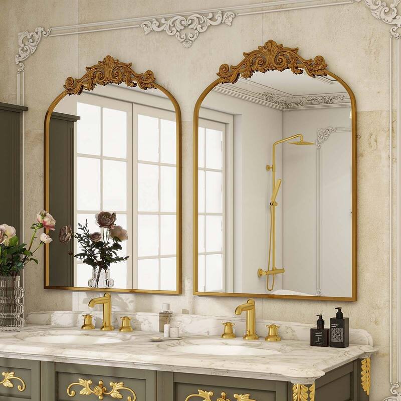 Metal Arch-top Bathroom Mirror with Baroque flower