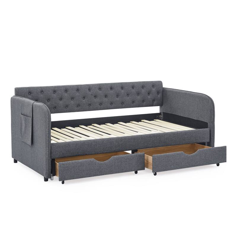 Roomfitters Twin Upholstered Daybed with Trundle, Underbed Storage and Flat Arms with Side Pocket, Extendable Design