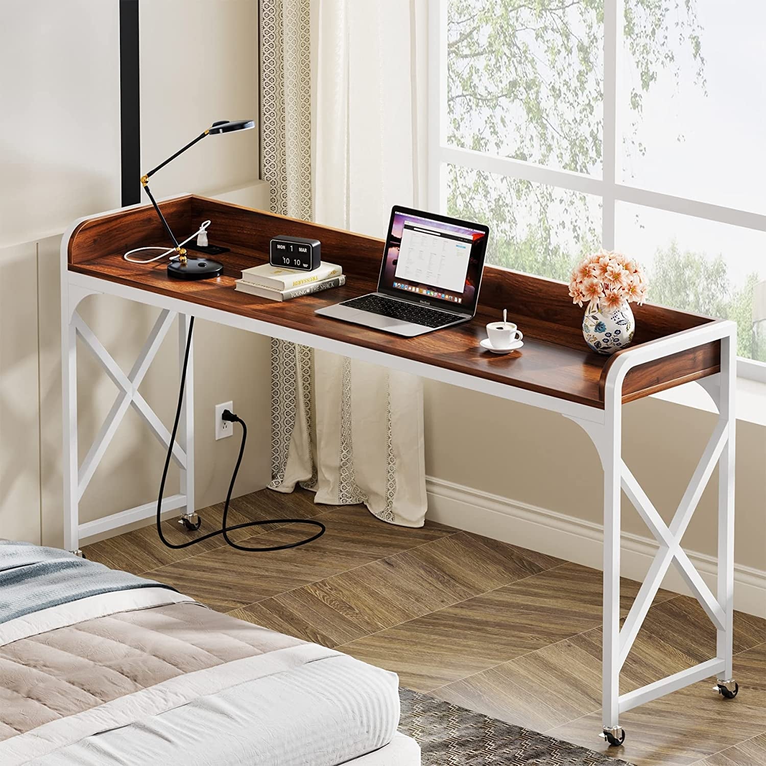 Mobile Over Bed Table with Wheels 70.8 Inch Overbed Desk Outlet USB