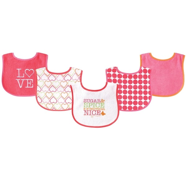 slide 1 of 1, Luvable Friends Baby Girl Cotton Terry Drooler Bibs with PEVA Back 5pk, Sugar, One Size - Sugar - One Size One Size - Sugar