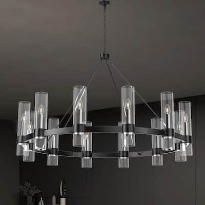 Black Wagon Wheel Chandelier with Glass Shades Adjustable Farmhouse Pendant Light for High Ceilings