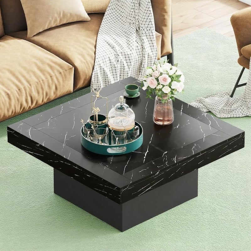 35.4” Square Rustic Wooden Coffee Table with LED Light for Living Room or Bedroom Furniture - 35.4”L x 35.4”W x 17.7”H