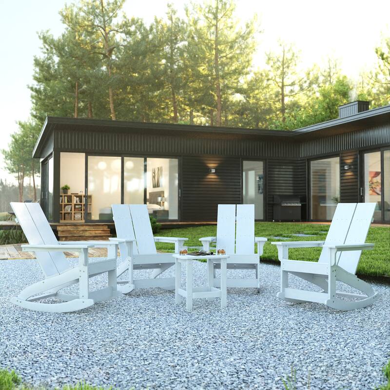 2 Modern Dual Slat Poly Resin Adirondack Rocking Chairs with Side Table - White