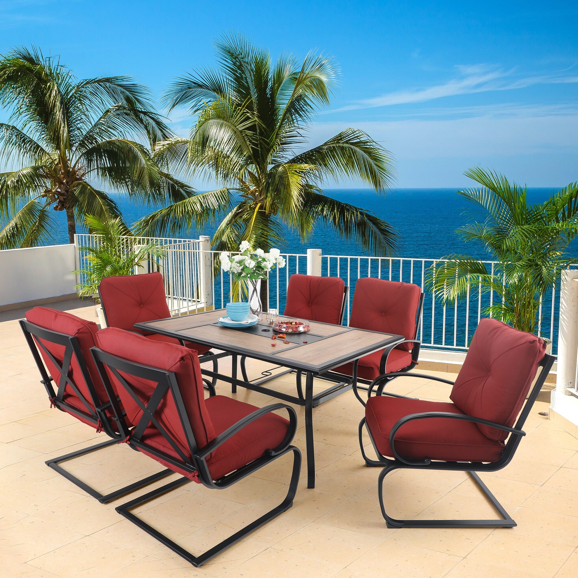 PHI VILLA 7 pcs Patio Dining Set 6 Piece Cushioned Spring Motion Dining  Chair with Armrest & Patio Dining Table