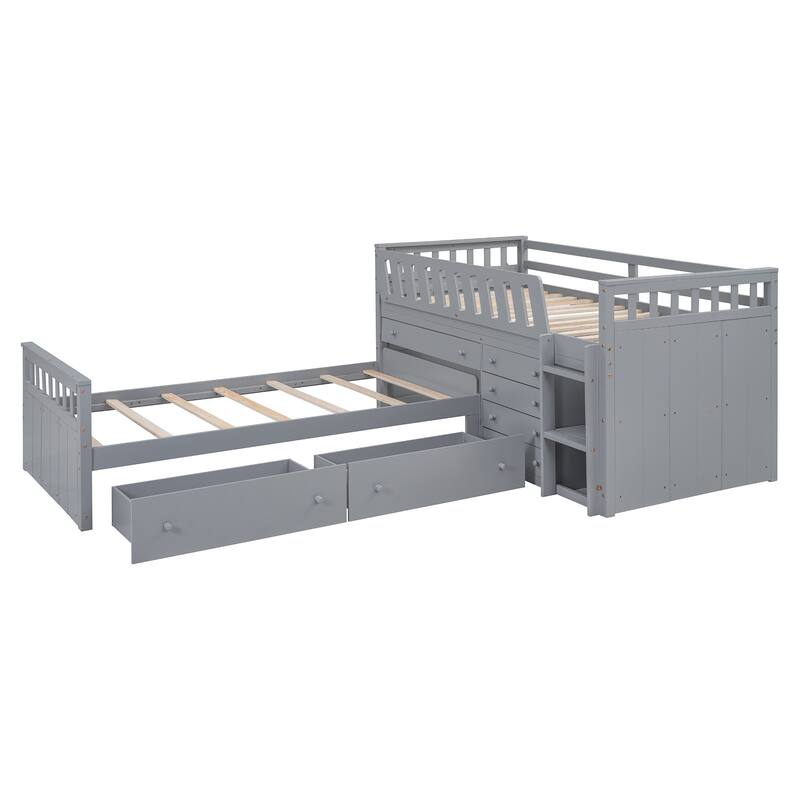 Gray Twin Size Solid Wood L-shaped Loft Bed and Twin Platform Bed with 7 Drawers and Full Guardrails