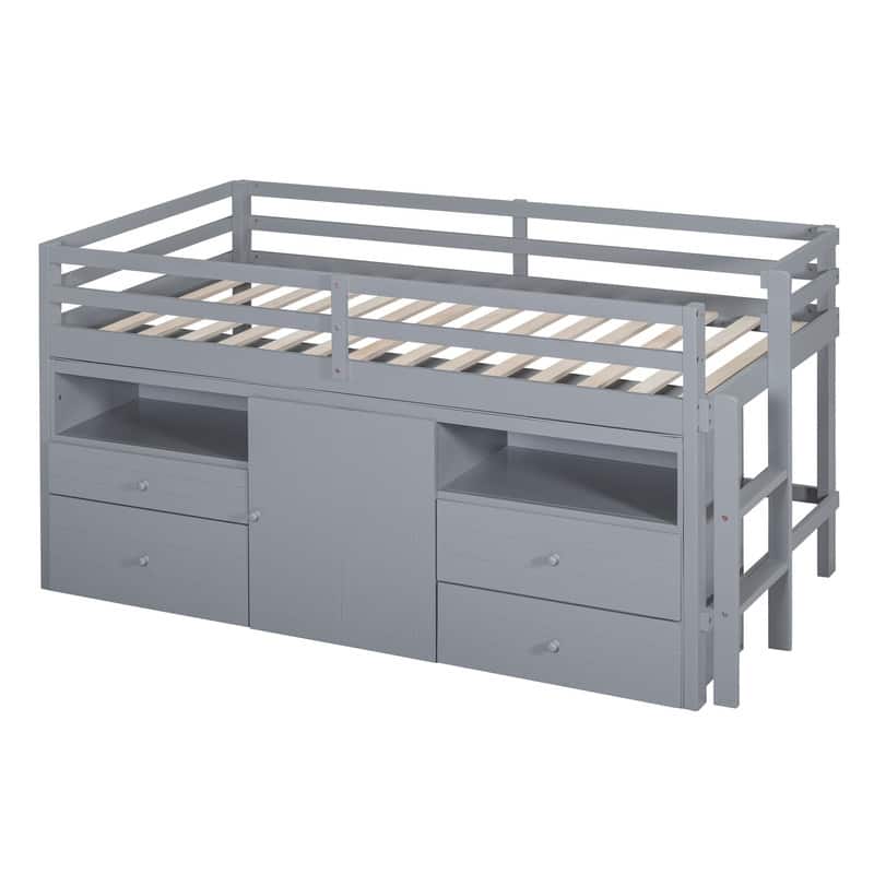 Twin Size Loft Bed with 4 Drawers, Underneath Cabinet and Shelves