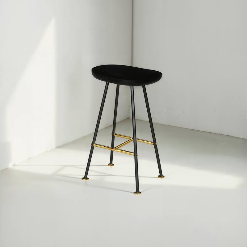 Elira 24" Backless Counter Stool with Mango Wood Saddle Seat, Black Iron Legs, Gold Footrest