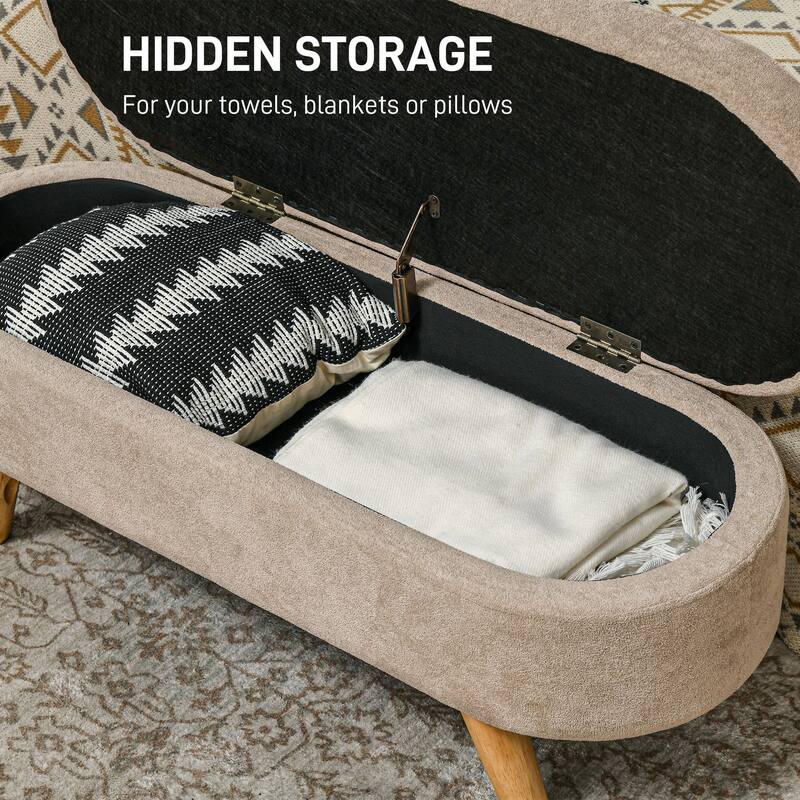 Beige Storage Bench Accent Bench with Wood Legs End of Bed Bench Indoor Bench Ottoman with Padded Seat