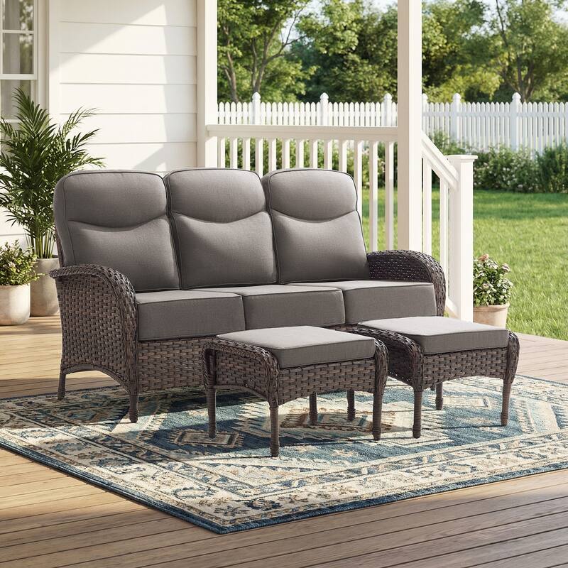 Pocassy Outdoor Sofa Swivel Chair and Ottman with Coffee Table - Brown Wicker Gray Cushion - 3-Piece Sofa with Ottoman