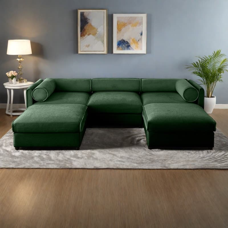 109" U-Shaped 3-Seater Chenille Sofa with Ottoman and Hidden Storage(Cylindrical Backrest Design)