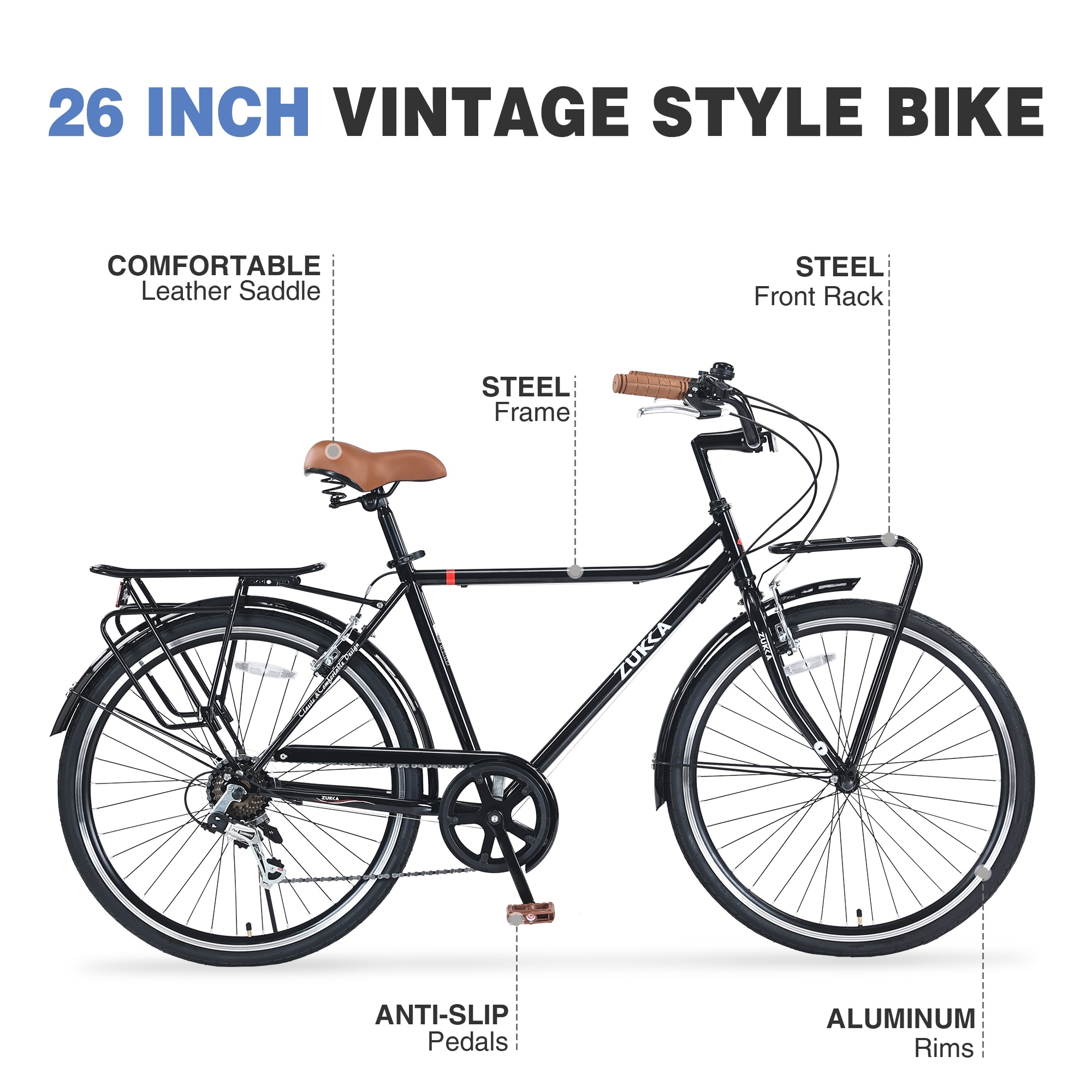26 Inch Vintage Style Bike, 7-Speed Shimano, Steel Frame, Retro
