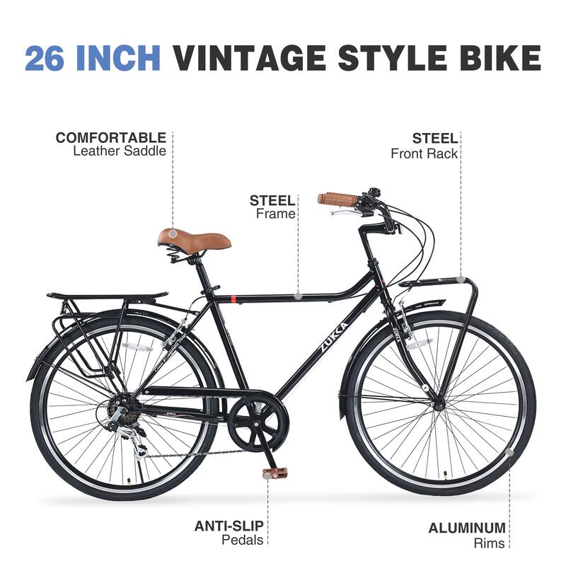 26-Inch Vintage Style Bike with Steel Frame, Shimano 7-Speed, Double V Brakes, and Retro Design for Adults