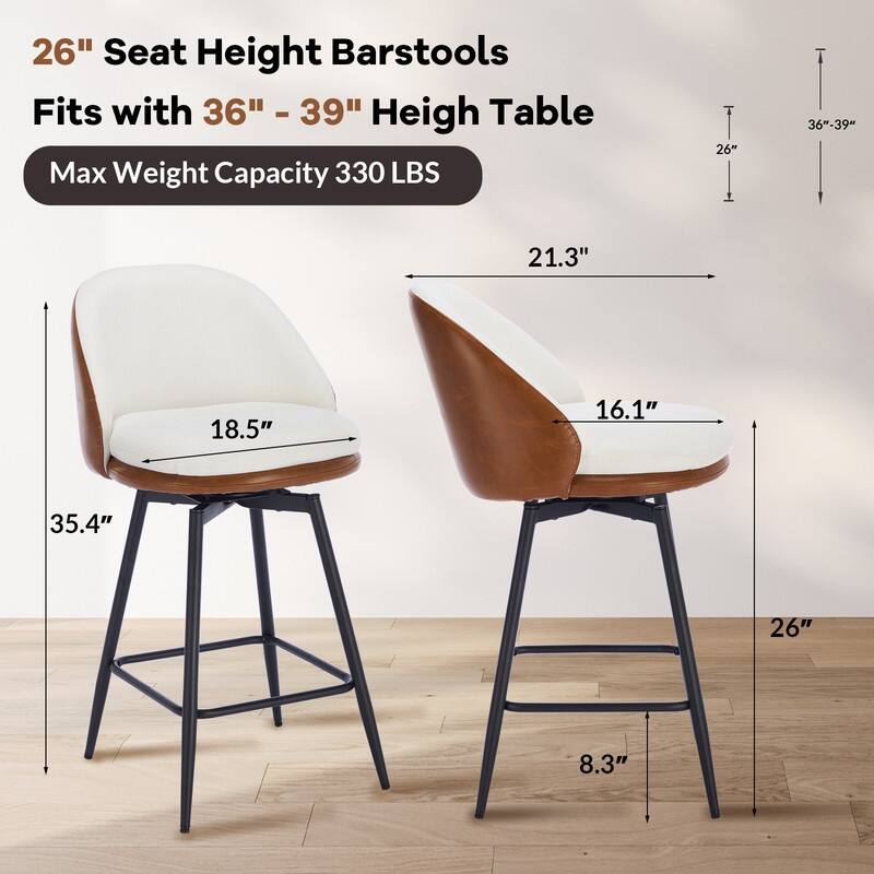 26" Swivel Leather Bar Stools Set of 2, Counter Height PU Leather / Linen Fabric Upholstered Barstool with Metal Legs