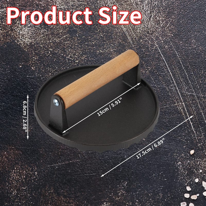 Round Burger Press, Cast Iron Smash Bacon Press Meat Steak with Wood Handle for Griddle Sandwich Nonstick Pan, Black