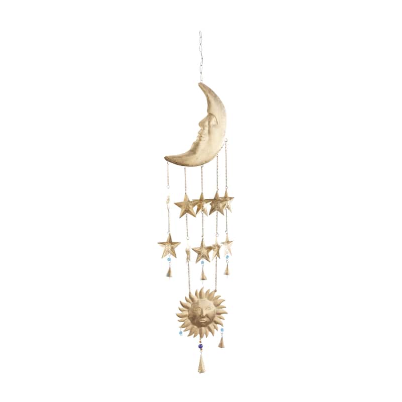 Metal Sun and Moon or Floral Sun and Flowers Windchime with Glass Beads and Cone Bells - Gold - Roche River Decor - 9"W, 39"H - Sun and Moon - Gold
