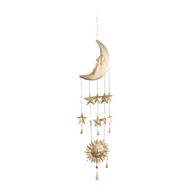 Metal Sun and Moon or Floral Sun and Flowers Windchime with Glass Beads and Cone Bells - Gold - Roche River Decor