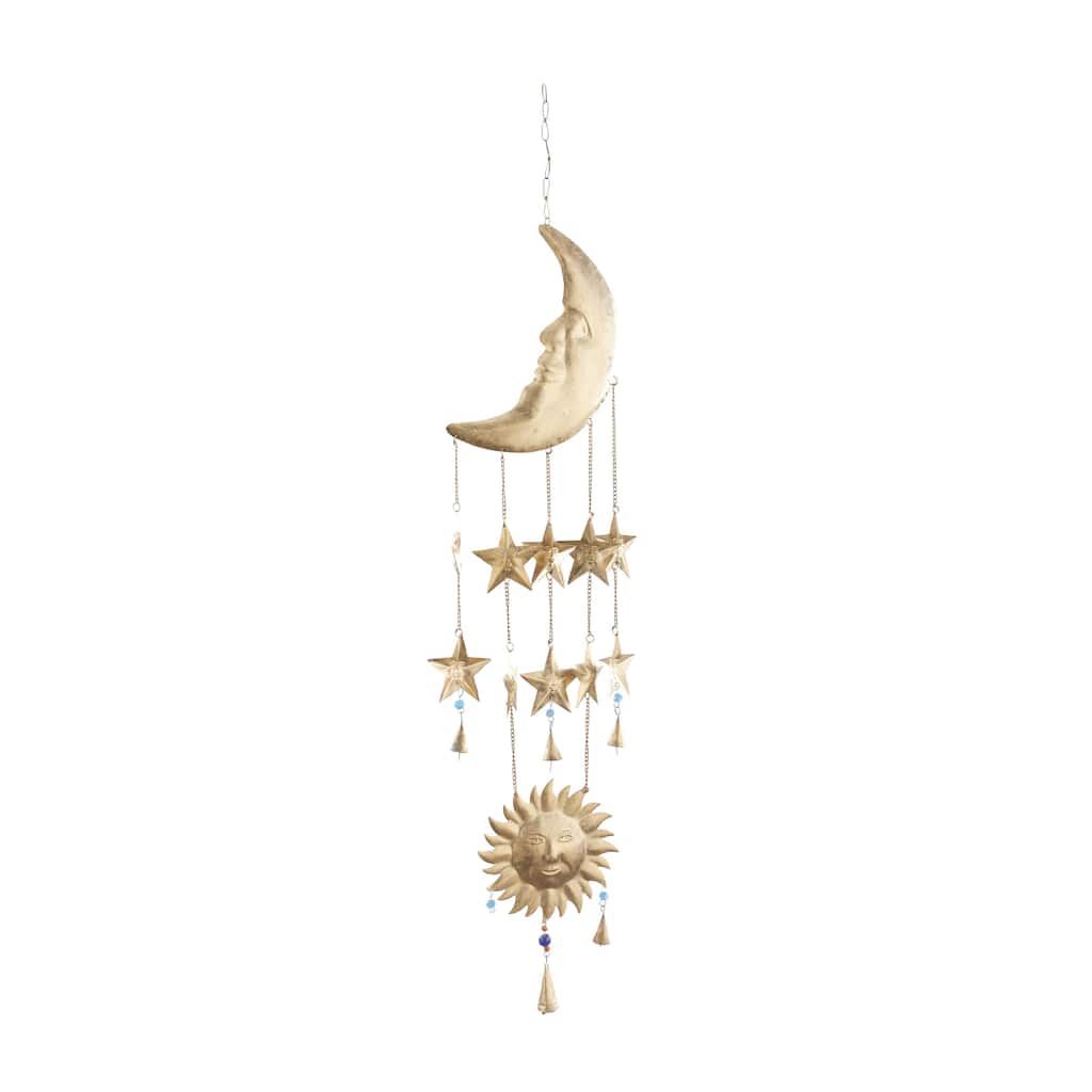 Metal Sun and Moon or Floral Sun and Flowers Windchime with Glass Beads and Cone Bells - Gold - Roche River Decor