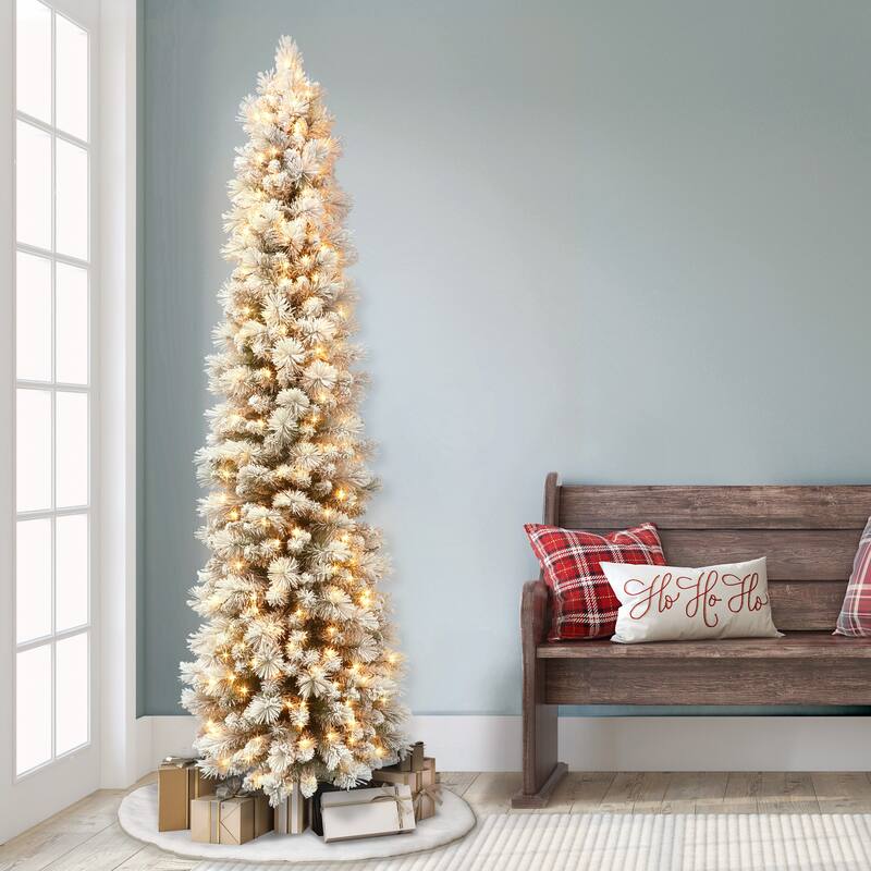 Puleo International 6.5 ft Pre-Lit Flocked Pine Pencil Artificial Tree