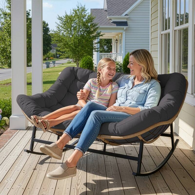 FINCATI Double Papasan Rocking Chair Outdoor Indoor, 700 lbs Heavy-Duty Double Wide Rocking Chair with 5.1 Inch Thick Cushion