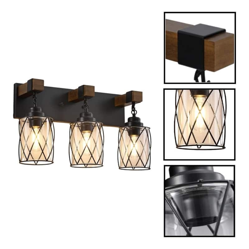 3 Light bathroom light fixtures black wall sconces glass, metal, wood wall light