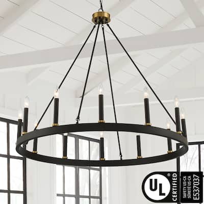 Acroma 12-light 40In Modern Farmhouse Wagon Wheel Chandelier Black/ Gold Candle Lighting - 40'' D