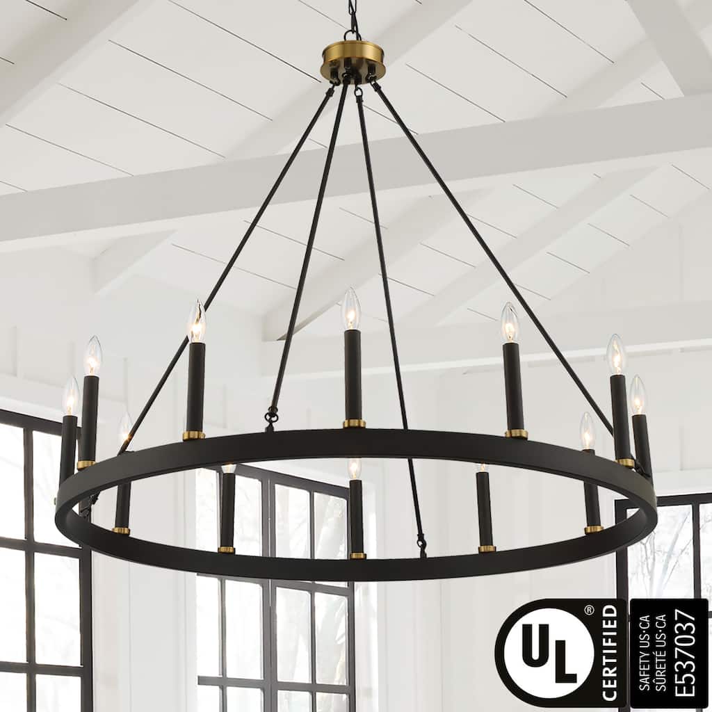 Acroma 12-light 40In Modern Farmhouse Wagon Wheel Chandelier Black/ Gold Candle Lighting - 40'' D