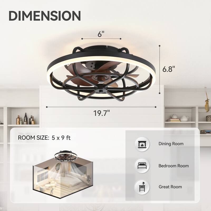 19.7" Flush Mount Caged Dimmable LED Ceiling Fan with Light and Remote