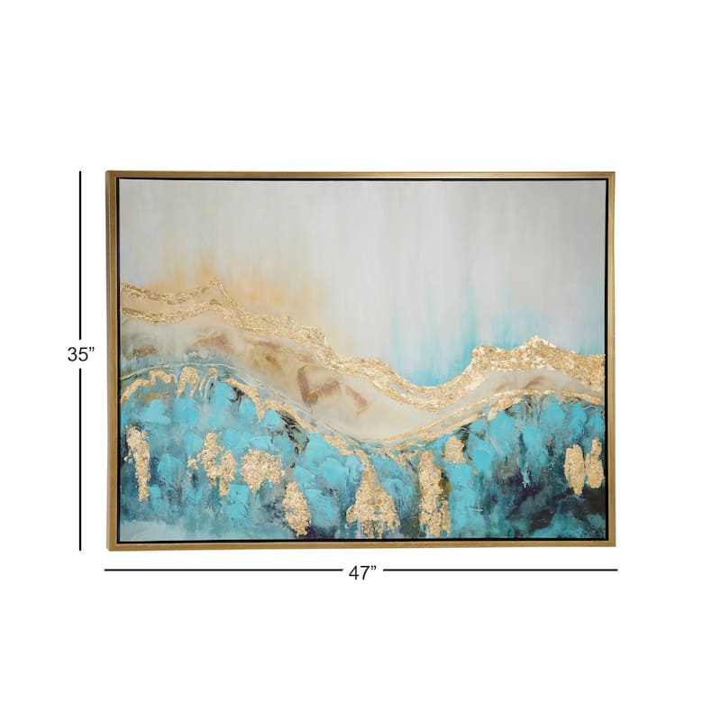 Canvas Abstract Wave Framed Wall Art with Gold Foil Accents - Blue - Roche River Decor