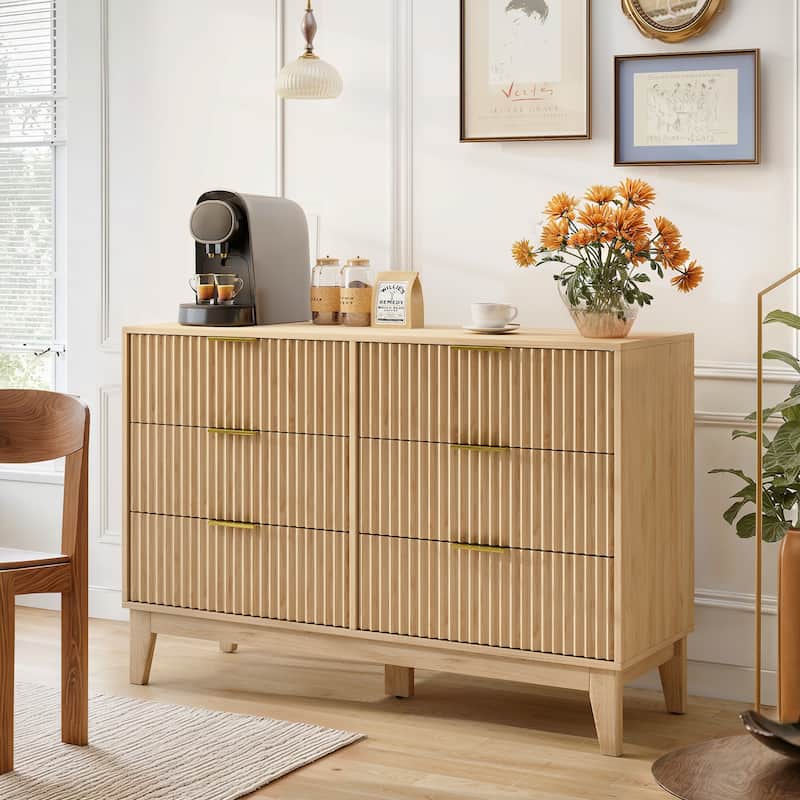 EROMMY Fluted Dresser 6 Drawer Mid Century Modern Dresser Wide Chest of Drawers with Metal Handles for Bedroom Living Room