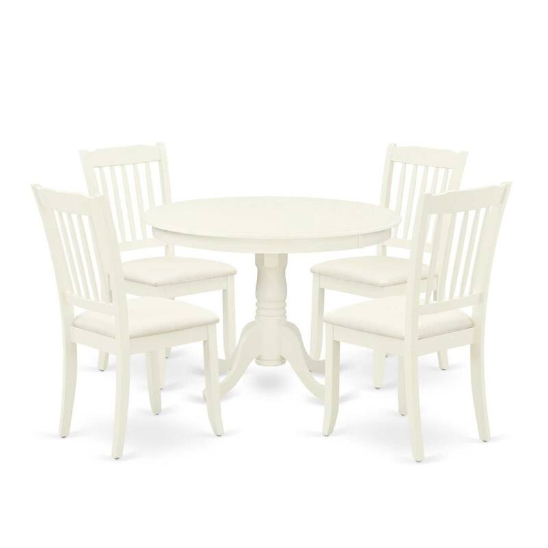 HomeStock 5-Piece Round Linen White Finish Solid Wood Top Dining table with 4 Chairs with Slat Back