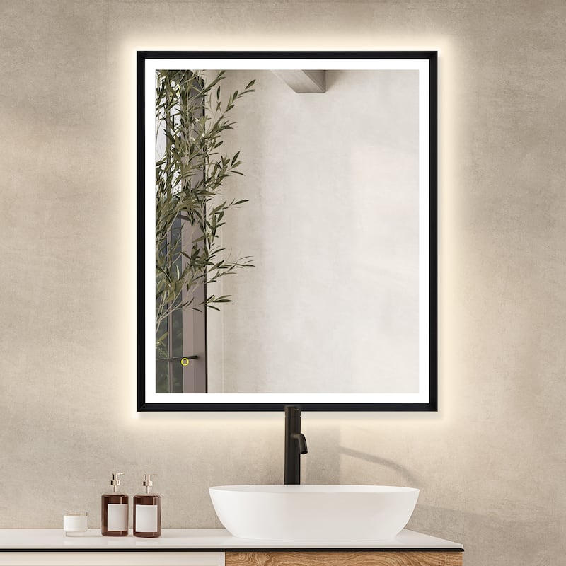 Apollo Rectangular Anti-Fog Dimmable Modern Bathroom/Vanity LED Lighted Wall Mirror in Matte Black Aluminum Framed