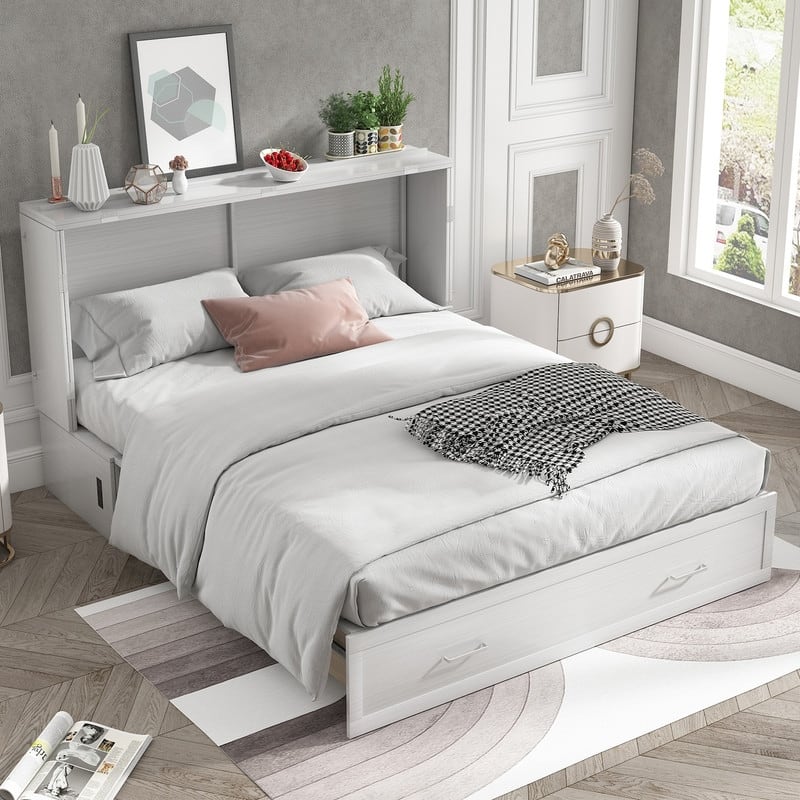 Mixoy Queen Murphy Bed Cabinet Bed Chest with Mattress,Drawers,USB Charging Station