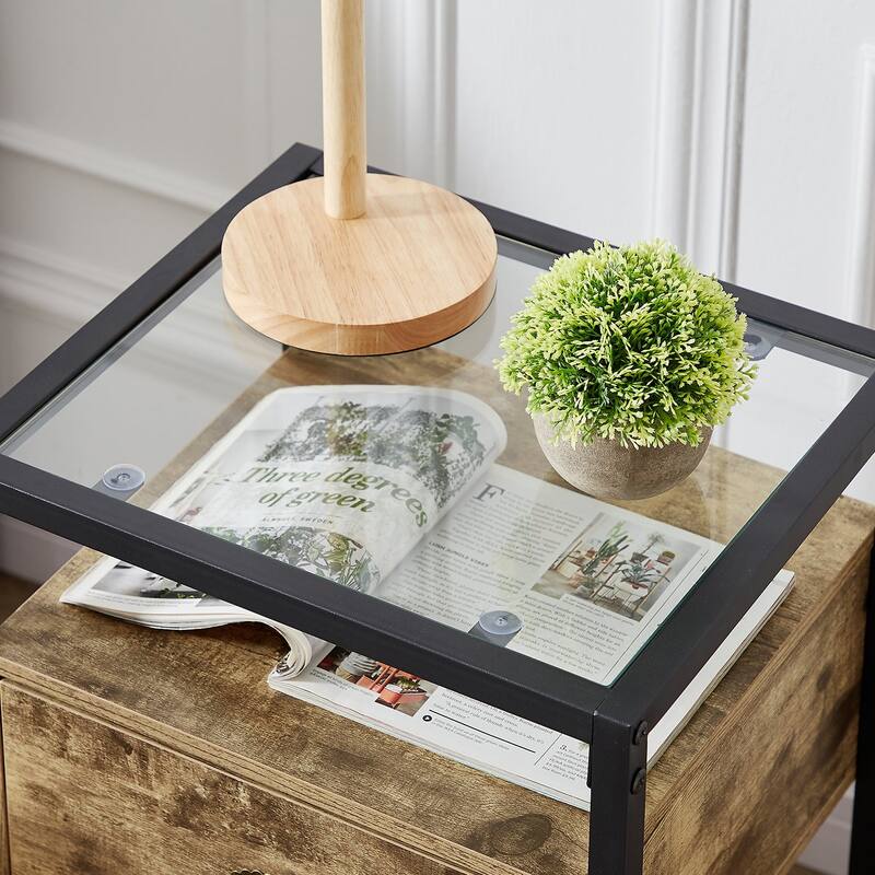 Javlergo Set of 2 Tempered Glass Nightstand with 1-Drawer and Open Shelf