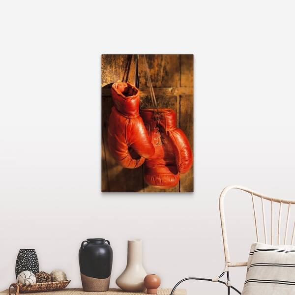 Shop Boxing Gloves Hanging On Rustic Wooden Wall Canvas Wall Art Overstock 16283484