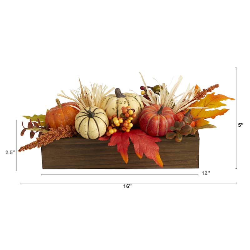 16” Pumpkins and Berries Fall Harvest Arrangement in Wood Vase