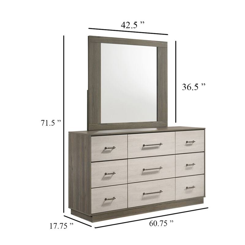 Fene Wide Dresser with Rectangle Mirror, 9 Drawers, Gray-Almond Wood