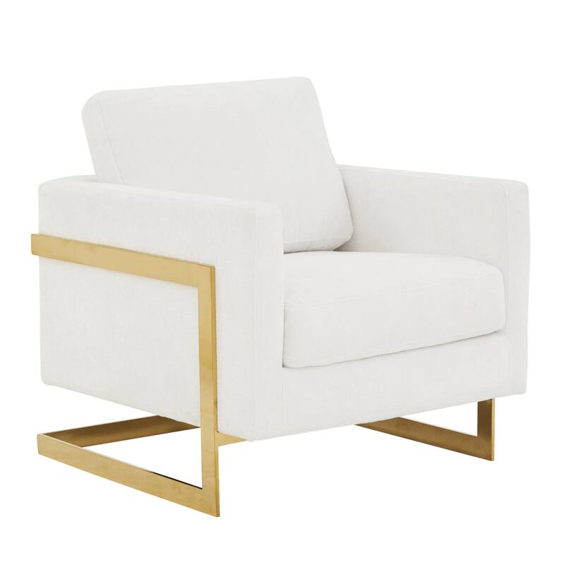 Lincoln Modern Boucle Arm Chair with Gold Stainless Steel Frame Upholstered Single Seater Sofa - 34.25" H x 31.5" W x 33.85" D - White