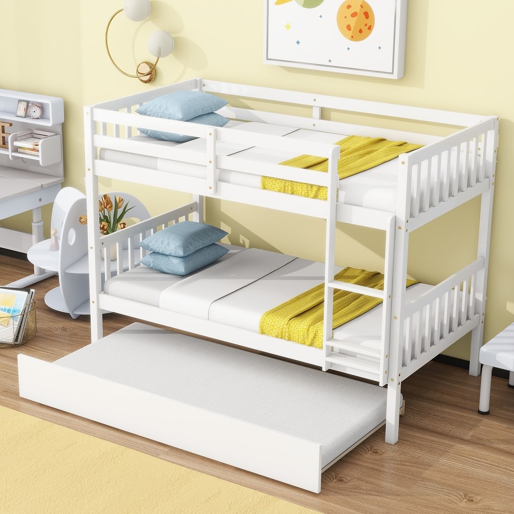 Convertible Bunk Bed into 2 Twin Size Beds, Twin Over Twin Rubber Wood Bed Frame with Ladder and Safety Guardrails, Trundle Bed