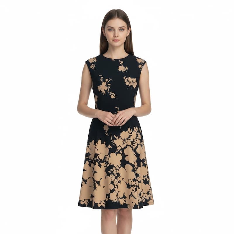 Connected Apparel Cap Sleeve Printed Mid-Length Dress
